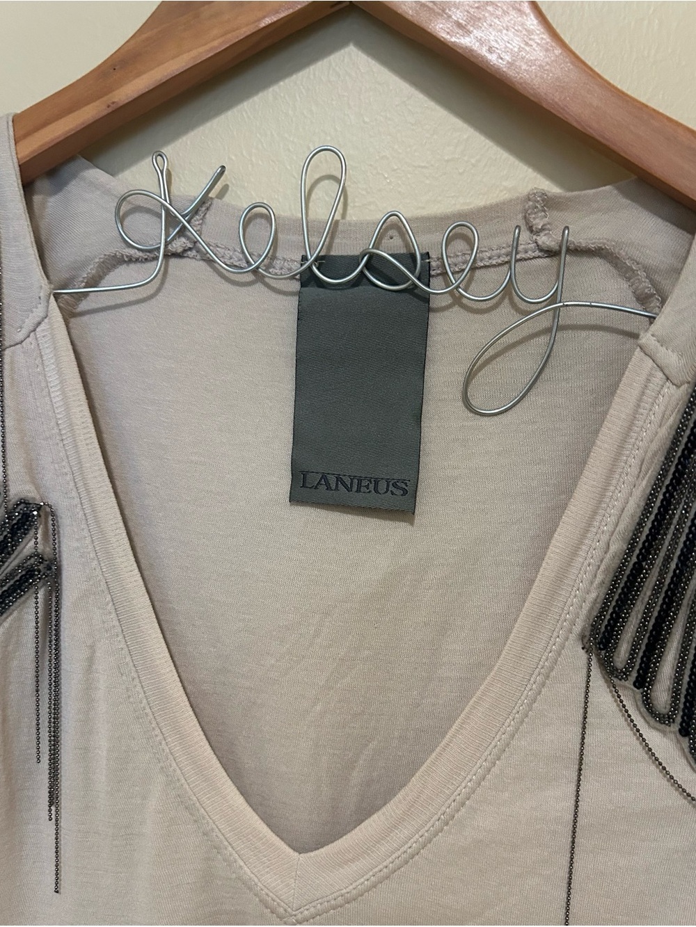 LANEUS Women's Embellished V-Neck NWT in Light Gray Made in Italy 100% Cotton L - Picture 4 of 8